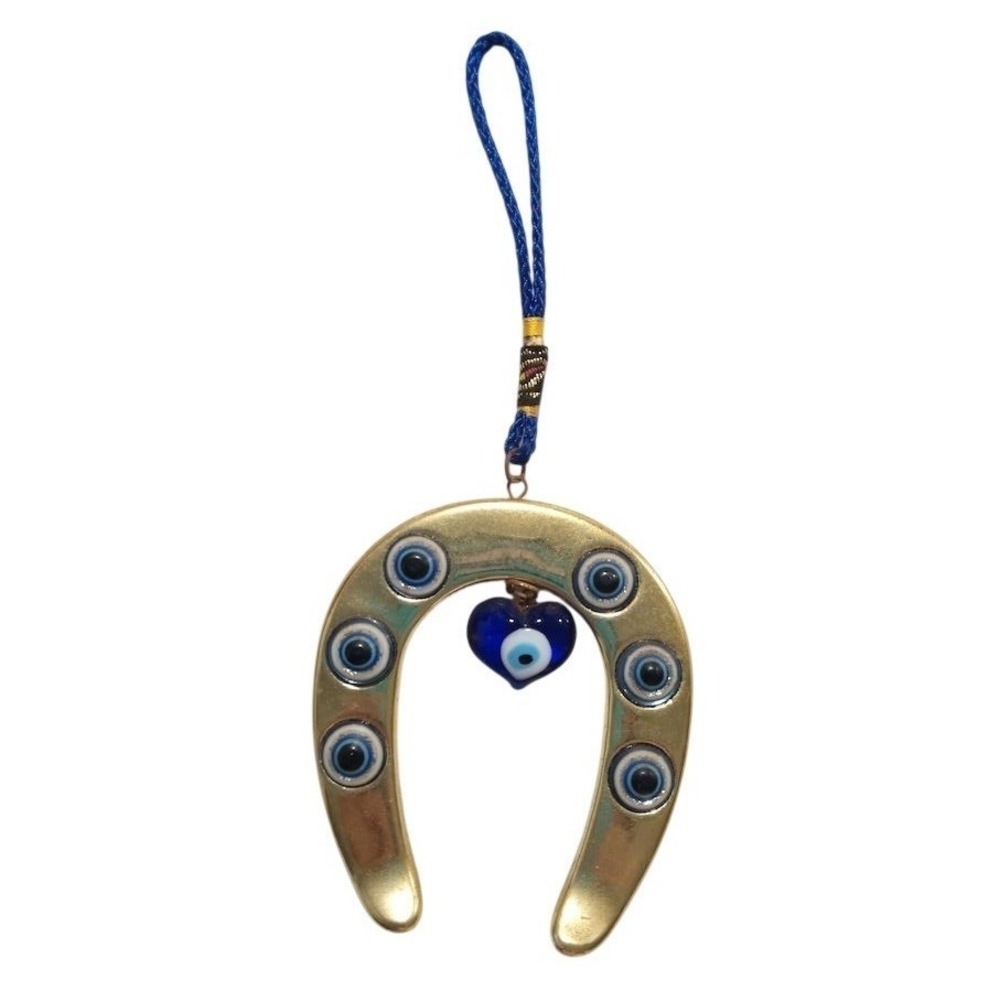 Evil Eye Horseshoe Wall Hanging Charm Blue Heart Nazar Amulet 8-9 in